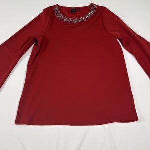 Rafaella Blouse Women's Sz L Red‎ Long Bottom Flare Sleeve Embellished Neck